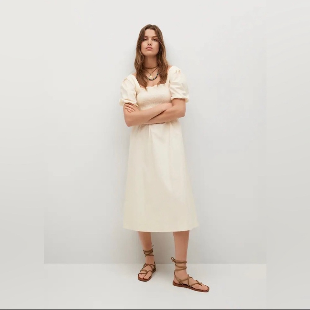 MANGO Beige Smocked Short Puff Sleeve Square Neck Midi Dress Size S (4)